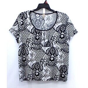 Susan Lawrence Blouse Women Size 2X Black White Floral Short Sleeve Scoop Neck